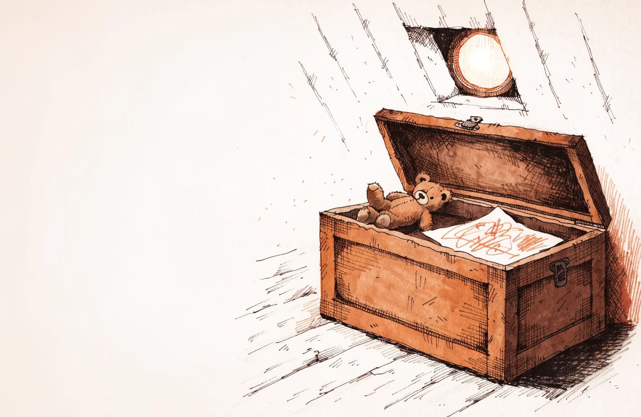 An open wooden chest in a sunlit attic, holding a teddy bear and a child’s drawing