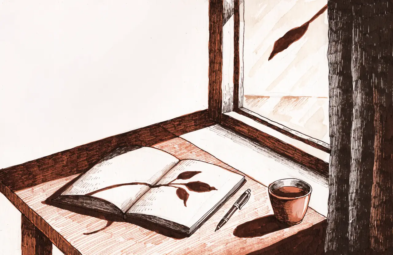 An open journal with a leaf shadow across its pages, a pen and a cup of tea on a desk by a window