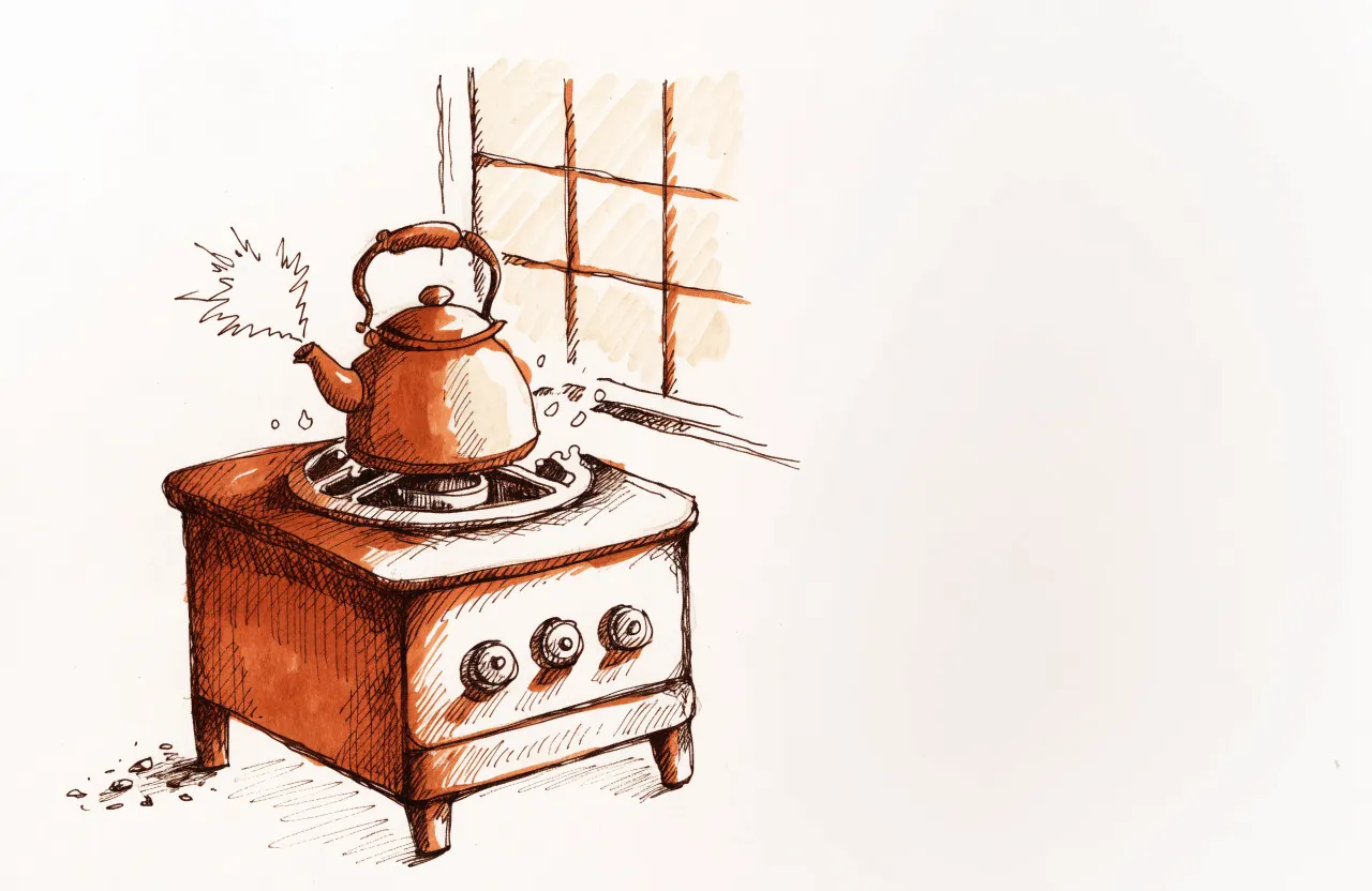 A kettle boiling over on a small old stove by a window