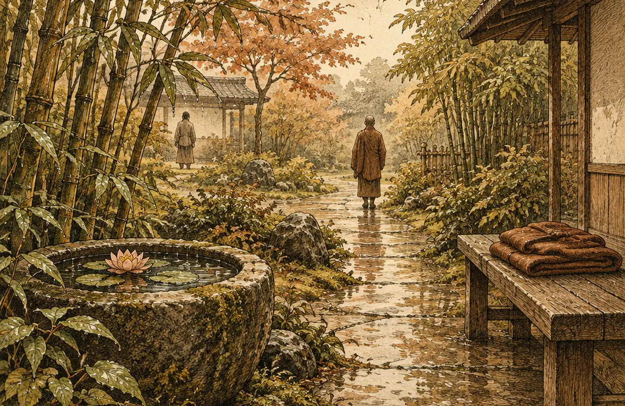 A monk walking slowly on a wet path through a bamboo garden after rain, past a stone basin with a lotus and a folded robe on a bench