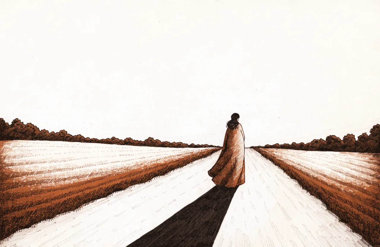 A lone cloaked figure on a long road between fields, casting a long shadow toward the viewer