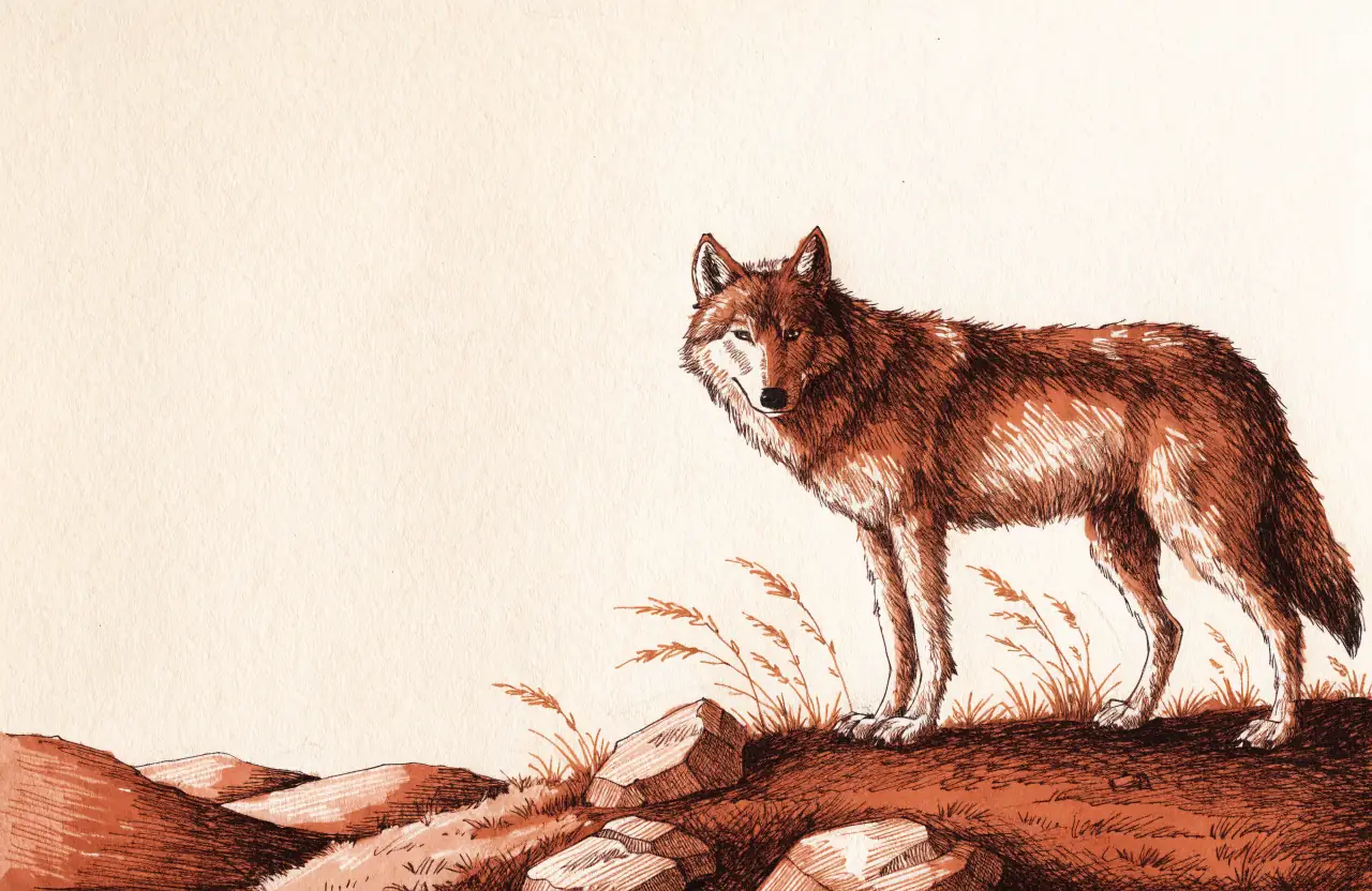 A wolf standing on a rocky, grassy ridge, looking back toward the viewer
