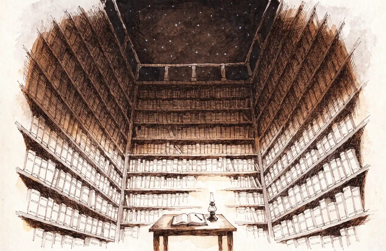 Высокая библиотека, книжные стеллажи уходят вверх, а над ними вместо потолка звёздное небо; внизу на столе раскрытая тетрадь и горящая масляная лампа