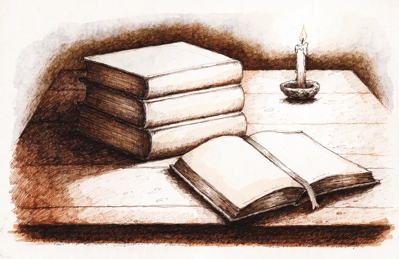 Стопка из трёх книг без надписей и раскрытая книга с лентой-закладкой на деревянном столе, рядом горит свеча