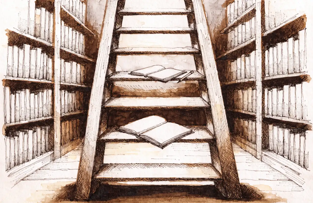 Деревянная лестница в проходе между высокими книжными стеллажами, на двух её ступенях раскрытые тетради с чистыми страницами и карандаш